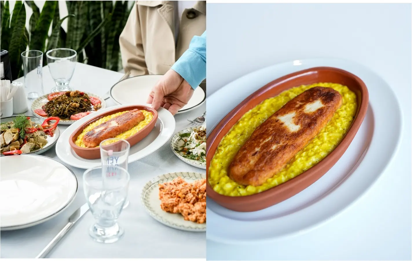 Roka ve soğanla sunulan iki ızgara balık tabağı